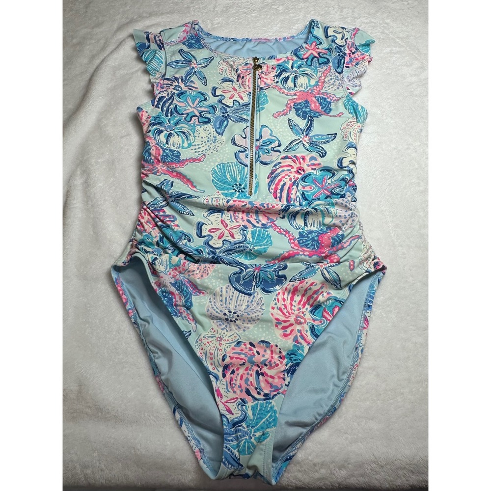 Lilly Pulitzer Blue Pink Starfish Shell Ruffle Zip One Piece Swimsuit 015642